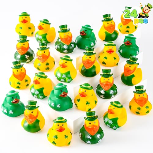 JOYIN 24 Pcs St.Patrick’s Day Rubber Ducks, Green Rubber Lucky Ducks with Hats & Shamrock Patterns, Small Kid Bath Toys, St Patrick Gifts for Kids, Party Favors & Decorations