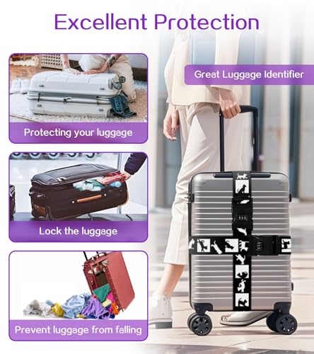 Image of Luggage Straps for Suitcases Travel Belt Luggage Band with Lock Heavy Duty Traveling Luggage Identifier Black and White Cat Cute Women Girls Unique Accesory Personalized
