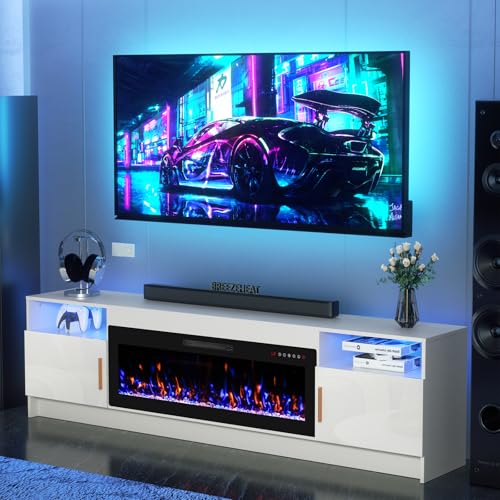 BREEZEHEAT Electric Fireplace TV Stand with 42 inch Fireplace Up to 90" TVs-Led Entertainment Center with High Glossy Doors-80 inch TV Cabinet，Modern Media Console for Living Room (White)