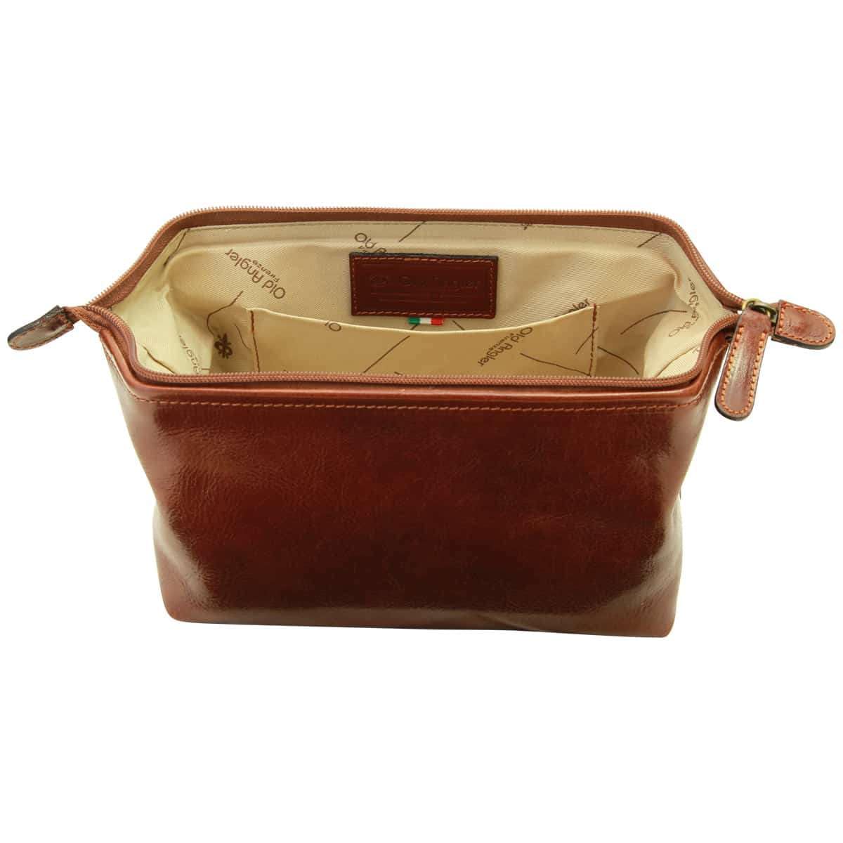 Elegante Beauty Case in Pelle Marrone, Necessaire da Viaggio in Vera Pelle Pieno Fiore, Custodia per Toiletry con Cerniera e Fodera Interna, Fatto a Mano