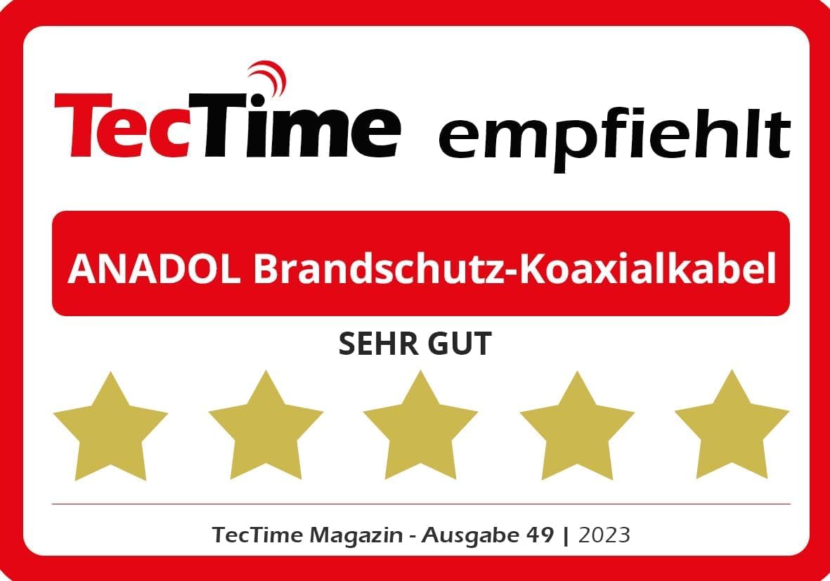 Anadol Câble coaxial anti-incendie avec 10 fiches F plaquées or 5 prises mâles Ø 7 mm 135 dB, blindé 5 fois, standard EN 50575 100 Meter