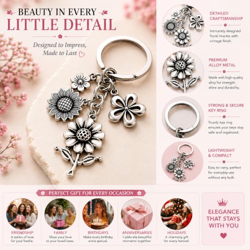 Image of JB'S LAND Floral Charm Keychain Vintage Flower Metal Key Ring for Women | Bag Charm Pendant, Backpack & Car Key Holder, Aesthetic Design, Friendship Gift, For Women & Girls