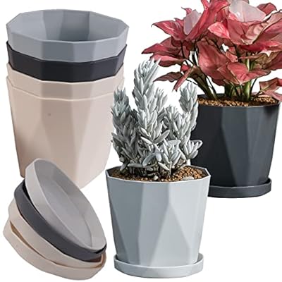 InmeRun Plant Pots Indoor Plastic Flower Pots Outdoor 5 inch Set of 6 Pack with Drainage Holes and Saucers for Garden Pots
