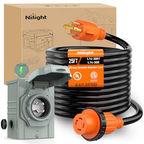 Nilight 30A 25FT Generator Extension Cord Power Inlet Box with Locking Connector 125/250V 7500W 10 Gauge STW ETL Listed 4 Prong L14-30P L14-30R Cable for Generator RV Outdoor Use