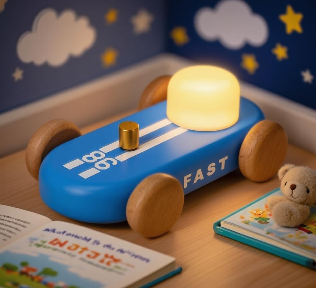 Wooden Go-Kart Night Light 7 Color Adjustable, USB Rechargeable (Blue)