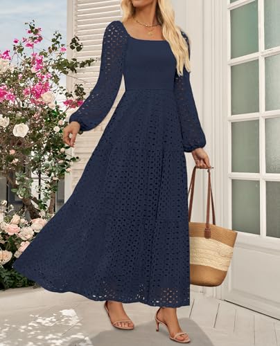 Women's Fall Long Puff Sleeve Maxi Dress Smocked Square Neck Lace Hollow Out Eyelet A Line Boho Flowy Wedding Guest Dresses3