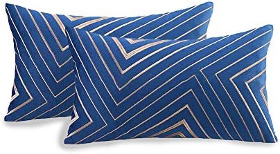 2Pcs Golden Embroidery Velvet Throw Pillow Cover, Soft Velvet Cushion Cover, Golden Lines Embroidered Pattern Decorative Pillowcases for Sofa Living Room Bedroom -12 x 20 Inch - Blue