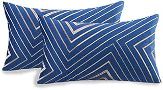 2Pcs Golden Embroidery Velvet Throw Pillow Cover, Soft Velvet Cushion Cover, Golden Lines Embroidered Pattern Decorative Pillowcases for Sofa Living Room Bedroom -12 x 20 Inch - Blue
