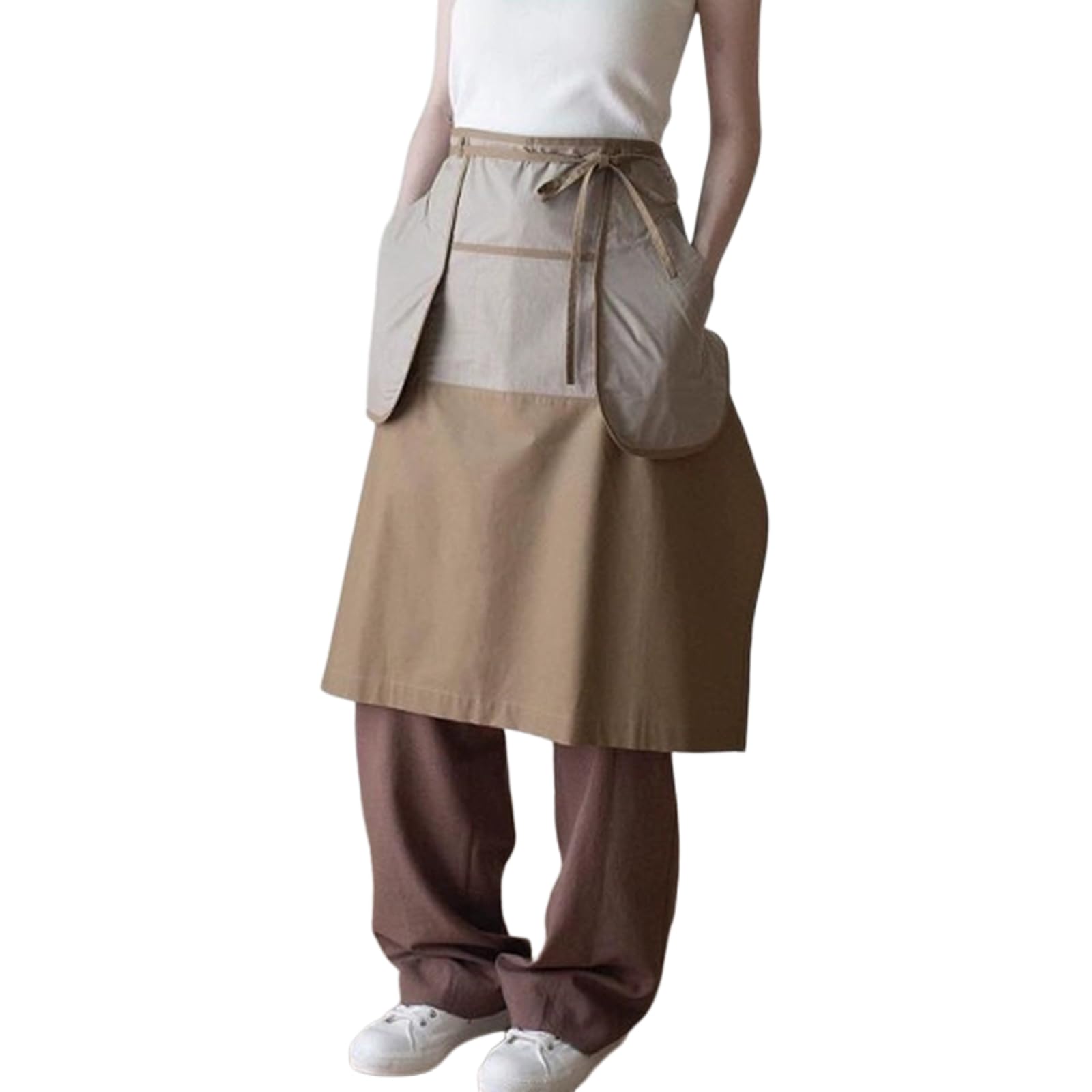 Delantal Cocina Mujer Hombre Mandil Camarero Largo Delantales De Cintura con 4 Bolsillos para Chef Restaurante BarBrown,One Size