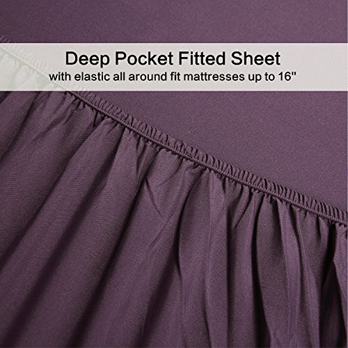 Image of 4 Piece Bed Sheet Set (Queen,Purple) 1 Flat Sheet,1 Fitted Sheet and 2 Pillow Cases,Brushed Microfiber Luxury Bedding with Deep Pockets
