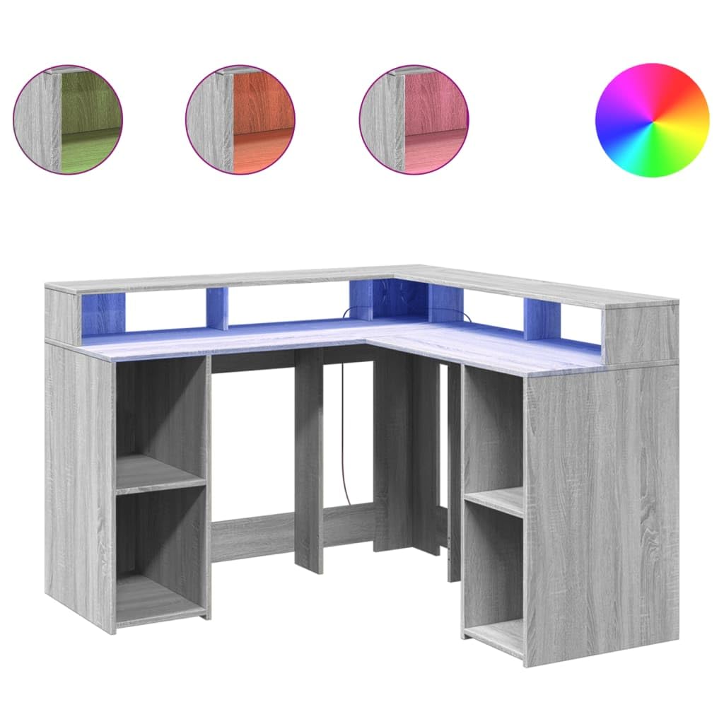 Homgoday Biurko z diodami LED Sonoma szare, 130 x 130 x 91 cm, z płyty wiórowej, meble biurkowe, biurko, biurko komputerowe, biurko, biurko do gier, do pokoju dziecięcego
