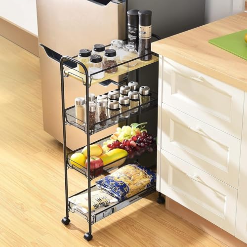 Image of KRISHYAM 4-Tier Slim Rolling Utility Cart, Metal Mesh Storage Trolley with Wheels, Carbon Steel Kitchen Fruit & Vegetable Stand Organizer (4-Layer Rectangular)