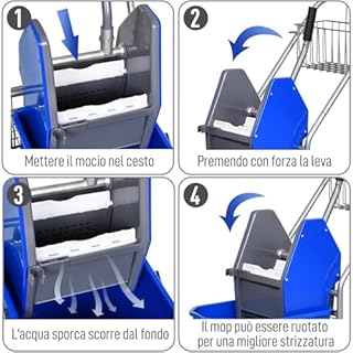 HOMCOM Carrello Pulizie Professionali da 26L con Secchio per Mocio, Carrello Lavapavimenti con Strizzatore, 2 Cestini a Rete in Metallo, Maniglia e 4 Ruote in Plastica, per Hotel Albergo Casa, Blu