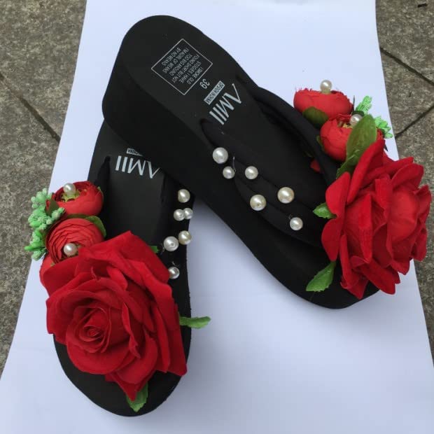 Loizziuy Black Floral Slippers Summer Women's Sandals Elevated Heels Thick-Soled Platform Handcrafted Rose Flower Decor for The Beach3