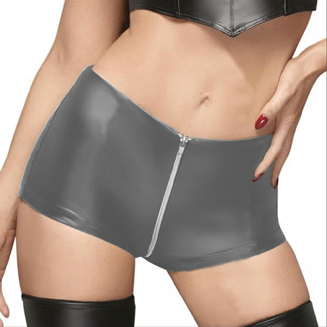 Summer Women Black PVC Leather Open Zipper Crotch Low Rise Sissy Panties Female Clubwear Shorts 7XL
