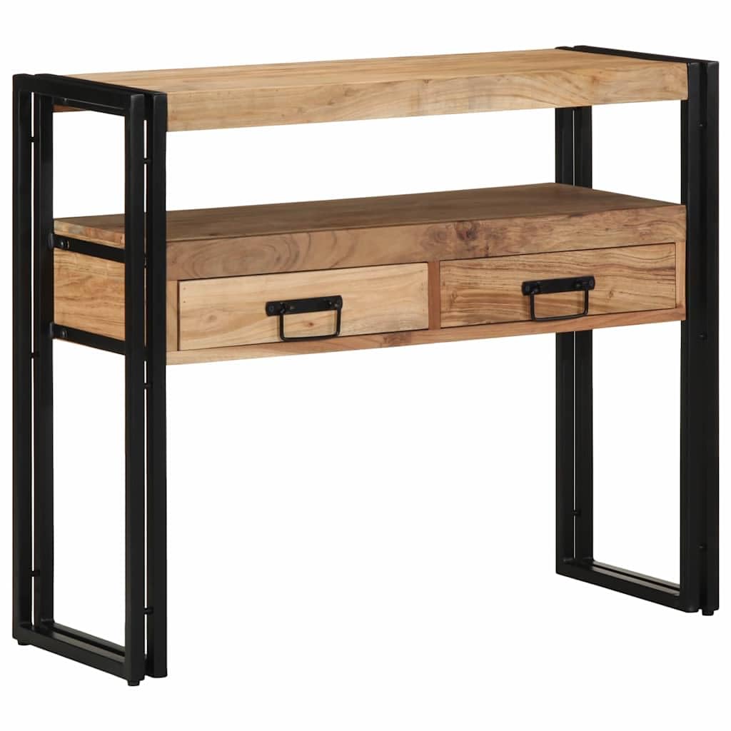 Tavolo consolle in legno massiccio di acacia, marrone, con ripiano e 2 cassetti, 90 x 33 x 75 cm, telaio in acciaio, per soggiorno, corridoio, camera da letto, come tavolino con pratico