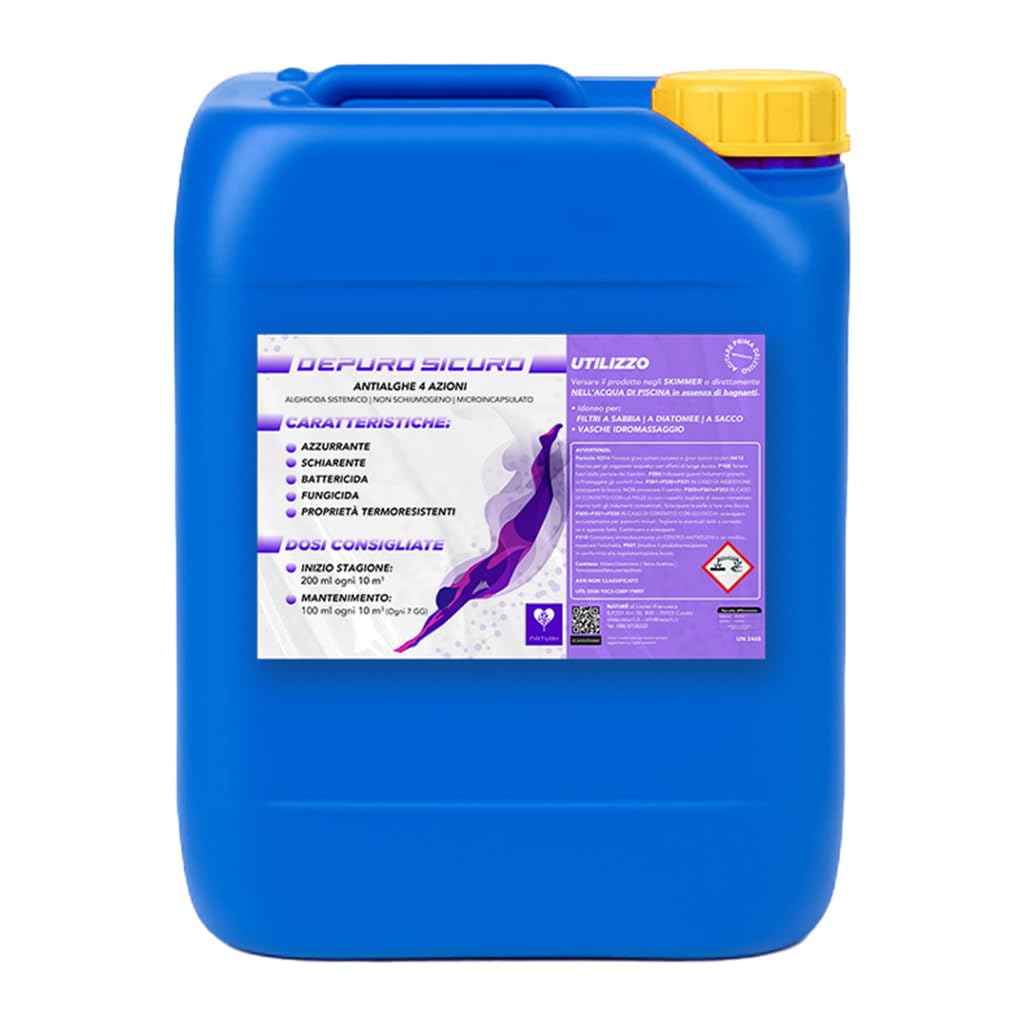 Naturìì 25 kg Antialghe Sistemico Alghicida 4 azioni Azzurrante, Schiarente, Battericida, Fungicida non Schiumogeno Mantenimento Piscina Made in Italy