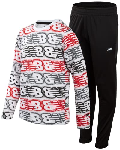 New Balance Boys' Jogger Set - 2 Piece Long Sleeve T-Shirt And Tricot Sweatpants (8-12), Size 10, White/Black #TOP15