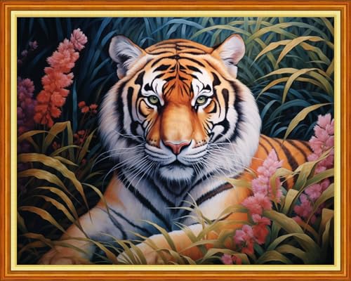 Image of Dimxvean Stamped Cross Stitch Kits,Cross Stitch Kits for Adults Beginners,Embroidery Kits Full Range of Cross Stitch Stamped Kits Needlepoint Kits Cross Stitch Patterns-Forest Tiger 16x20 inch
