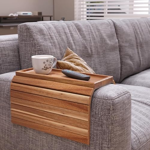 Image of Sofa Armrest Tray Table | Flexible Wooden Couch Arm Tray for Snacks, Drinks, Cup, Remote and Dining Matt | Sofa Side Cover | Bed Table | Food Safe Oil Finish
