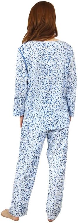 LA CERA Women's Pajama Sets, 100% Cotton Long Sleeve Ribbon Lace Trim Pajama Set, Floral Cotton Knit Pajama Set with Round Neckline and Button Front Blue - Image 2