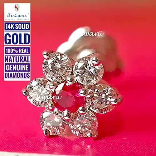 Diwani 14K Gold Gii Certified 6 Natural Si Diamonds And 1 Ruby Flower Indian Wedding Bridal Nose Piercing Ring Stud Screw Pin (0.09 Cents, G-H Color) 18 Gauge Thick 8.0Mm Length Post Pipe #TOP1
