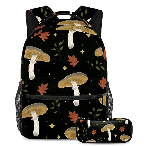 Sac à dos champignons d'automne avec trousse pour l'école et le voyage des grands élèves