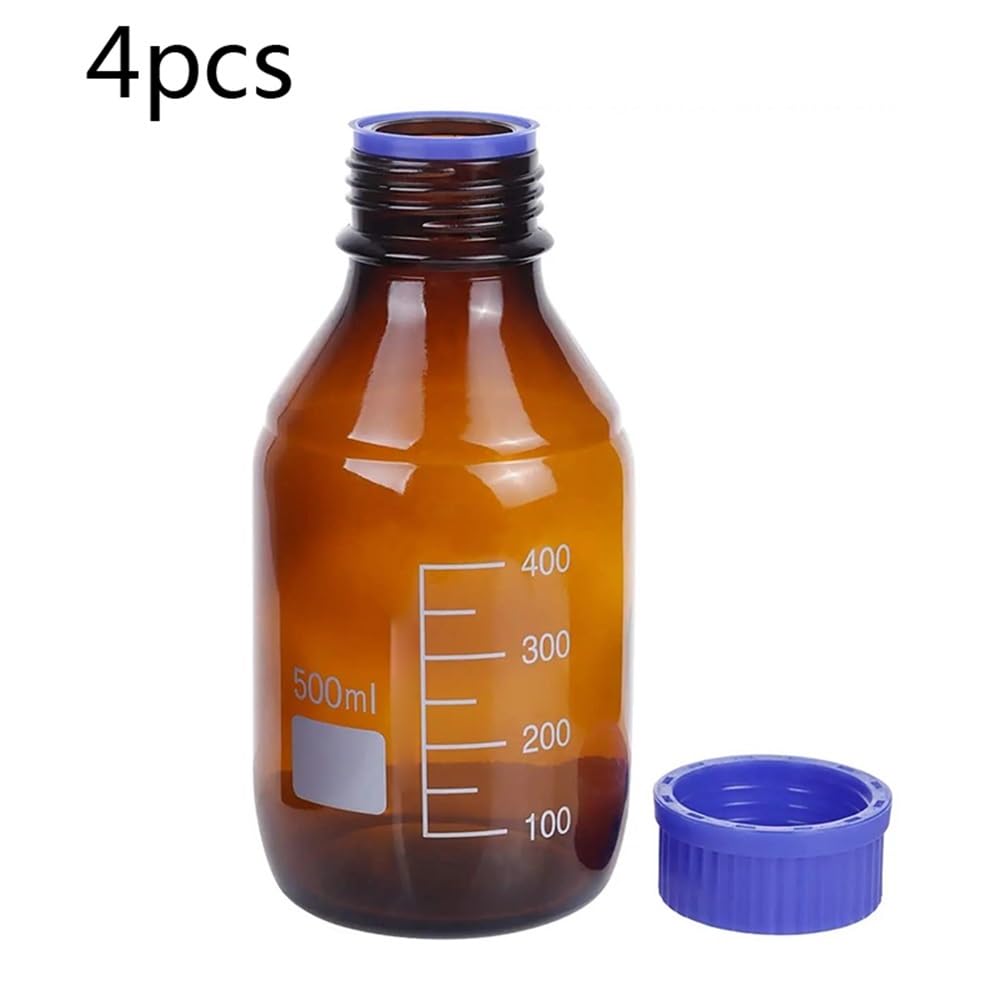 Cristalería de Laboratorio Botella de reactivo ácido graduada de vidrio marrón (paquete de 4) con tapa azul GL45 (500 ml)