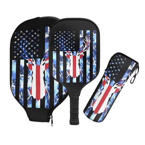 TSOVTHRID American Flag Reindeer Pickleball Paddles Set 3 Pieces Pickleball Paddle Covers Pickleball Paddles with Cushion Comfort Grip Pickleball Bag Pickleball Rackets for Adults and Teenager