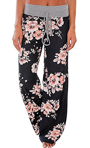 AMiERY Women's Floral Comfy Casual Palazzo Pants Pajamas for Womens Joggers High Waisted Wide Leg Pants Lounge Black XL