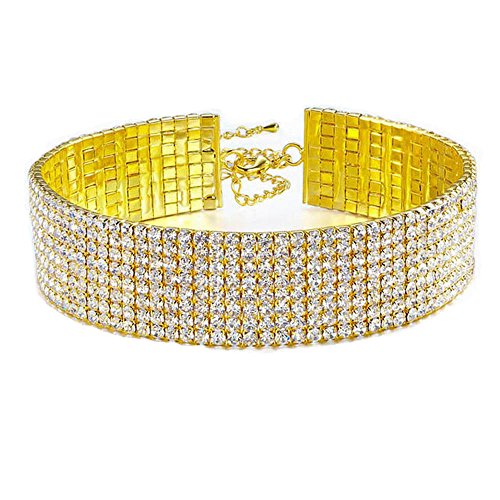 10-ROW 4-ROW 2-ROW CLEAR AUSTRIAN CRYSTAL RHINESTONE CHOKER NECKLACE SILVER PARTY WED N088 (8 Row Gold)