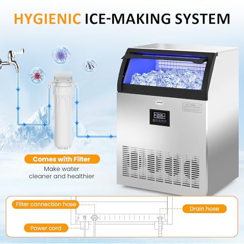 Image of Sunvivi Commercial Ice Maker Machine, 265LBS /24H, 55LBS Storage Bin, Stainless Steel Under Counter Ice Machine for Restaurants, Bars, and Home Use, Includes Water Filter, Scoop, and Hose