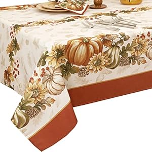 Newbridge Thanksgiving Brilliant Autumn Harvest Bordered Rectangle Fabric Tablecloth, 60 x 102 Inch, Fall Pumpkin and Sunflower Cottage Print Soil Resistant Table Cover for Holiday Party Dining Newbridge Thanksgiving Brilliant Autumn Harvest Bordered Rectangle Fabric Tablecloth 60 x 102 Inch Fall Pumpkin and Sunflower Cottage Print Soil Resistant Table Cover for Holiday Party Dining