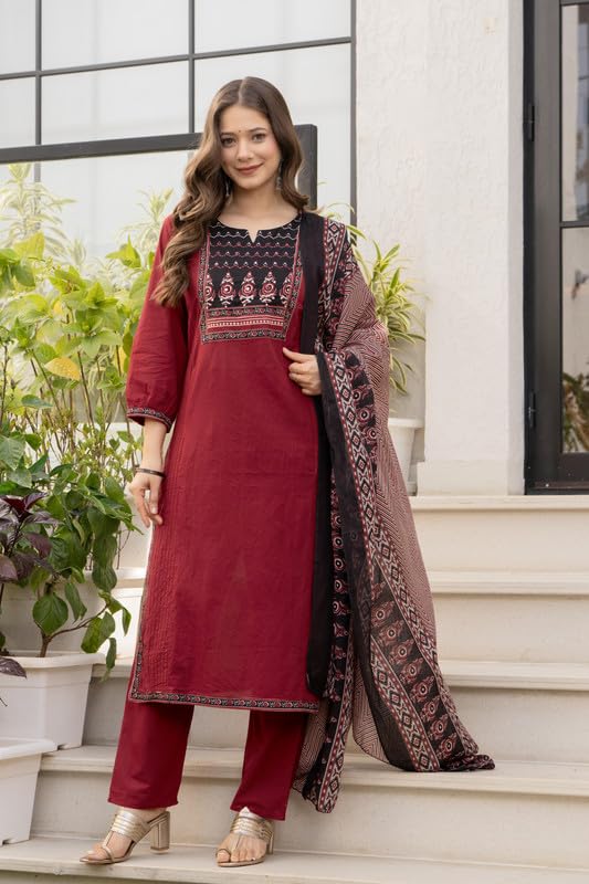 Image of Amayra Women's Cotton Straight Kurta Set with Palazzo Pants & Dupatta- Ethnic Wear