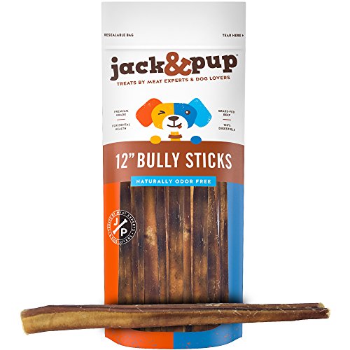 Jack&Pup 12-inch Premium Grade Odor Free Bully Sticks Dog Treats (10 Pack) 12” Long All Natural Gourmet Dog Treat Chews Fresh and Savory Beef Flavor – Long Lasting Treat