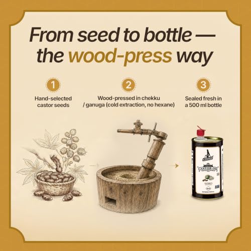 Image of Chekko Cold Pressed Castor Oil Edible (Arandi) 200ml | 100% Pure & Natural Wood Pressed Virgin Castor Oil for Hair & Skin Care, Body Massage | Moisturization & Wellness For Men & Women