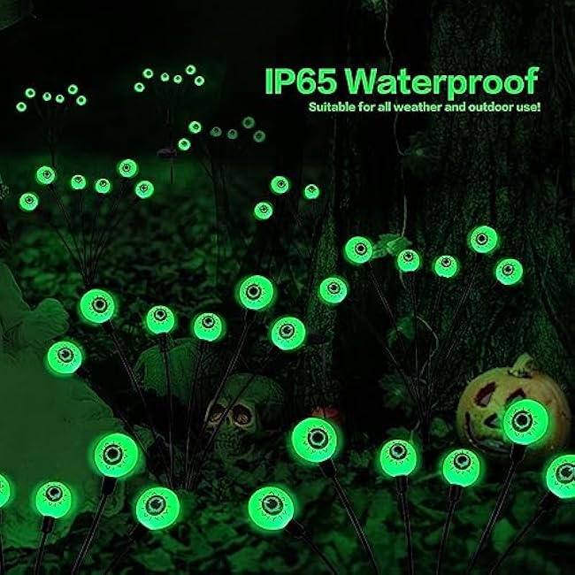 Halloween Decorations Outdoor Solar Scary Eyeball Lights,2PACKS 12LED Green Eyeball Swaying Firefly Lights,Waterproof Solar Halloween Path Lights for Yard/Garden/Lawn/Party Decor