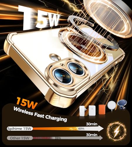 Image of Soft Case for iPhone 16 with 360 Rotating Magnetic Stand, Compatible with Mag-Safe, 4X MIL-Drop Protection, Lightweight Glossy Anti-Yellowing Clear Back Phone Cover for iPhone 16, Gold