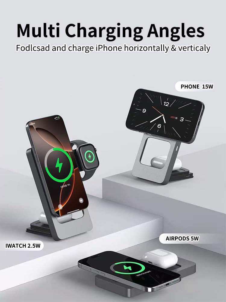 Estación de carga inalámbrica plegable 3 en 1 para iPhone, Apple Watch, AirPods, marco de aleación de aluminio, carga rápida de 15 W, soporte ajustable de 0 a 180° (gris)