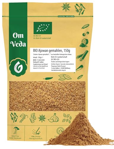 BIO Ajwain Gemahlen 150g im Kraftpapierbeutel | Königskümmel Pulver mit Thymianähnlichem Geschmack | Indisches Bio-Gewürz für Curry, Pickles, Suppen & Fladenbrot | DE-ÖKO-039 | von OmVeda