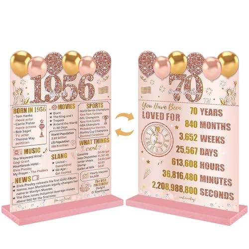 Image of Guiruiy Pink Rose Gold 70th Birthday Decorations for Women, Two-Sided Vintage 70 Back in 1956 Theme Poster Wooden Table Sign with Stand, Seventy Years Old Bday Centerpieces Holder for Table Decor