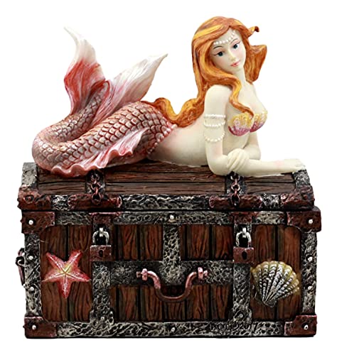 Ebros Pink Tailed Mermaid Nerida Resting On Sunken Treasure Chest Jewelry Box Figurine 5.25"L Decorative Trinket Keepsake Of Under The Sea Ocean Marine Life Sculpture Decor (Vibrant Colors) #TOP2