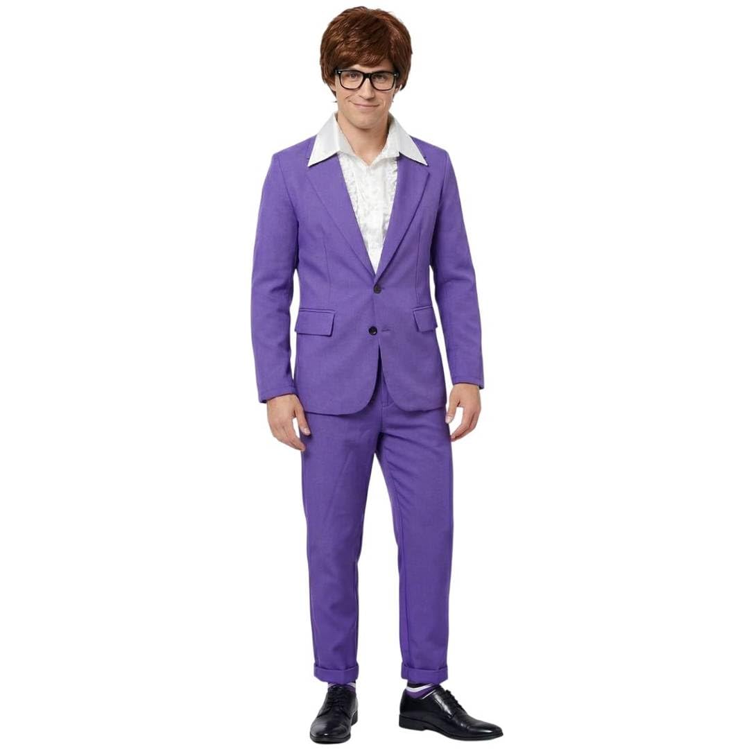 Conjunto de disfraz de espía de los años 60 para hombre, traje retro morado, camisa con volantes, peluca, gafas, disfraz vintage de los años 60, discoteca, espía, Halloween, fiesta, cosplay, para