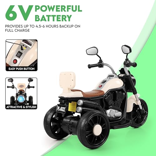 Image of BabyGo Electric Bike for Kids | 6V 4AH Battery, Dual Suspension with LED Lights & Comfy Backrest | 3 Wheel Bike | Battery Bike for Kids for 1-5 Years Kid | 4.5Hr-6Hr Ride | (Ivory)