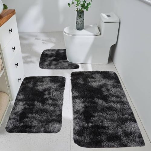 Bath Mat Set 3 Piece - Thick Bathroom Rug Soft Bath Mat For Bathroom Non Slip Machine Washable Toilet Carpet Microfiber Absorbent Bath Rug For Bath Room, Shower, Bathtub