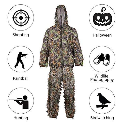 SMZCTYI Ghillie Suit 3D Leafy Woodland Camouflage Clothing, Lightweight Breathable Hooded Apparel for Jungle Hunting, Shooting, Airsoft, Hallowee