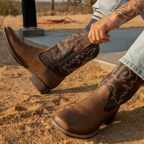 Image of Suokdil Cowboy Boots for Men - Men's Western Boots with Embroidery, Slip Resistant Square Toe Chunky Heel, Durable and Fashionable Retro Classic Footwear for Spring and Fall