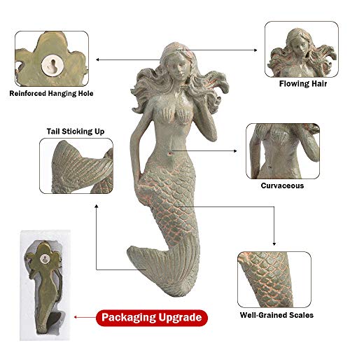Sungmor Retro Style 7.28 Inch Heavy-Duty Wall-Mounted Mermaid Hook Garden Statue Decoration | Premium Resin Indoor Outdoor Sculpture Wall Decor | Gift Idea For Families & Friends #TOP4