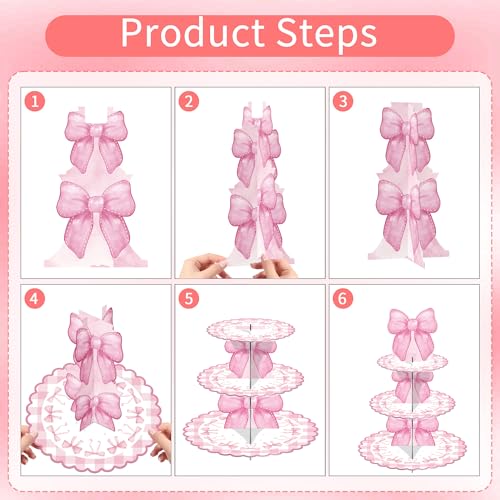 Pink Bow Birthday Decorations Cupcake Stand, 3 Tier Bow Themed Cardboard Cupcake Display Stand Dessert Tower, Pink Baby Shower Birthday Party Supplies by EoBeCy - Image 4