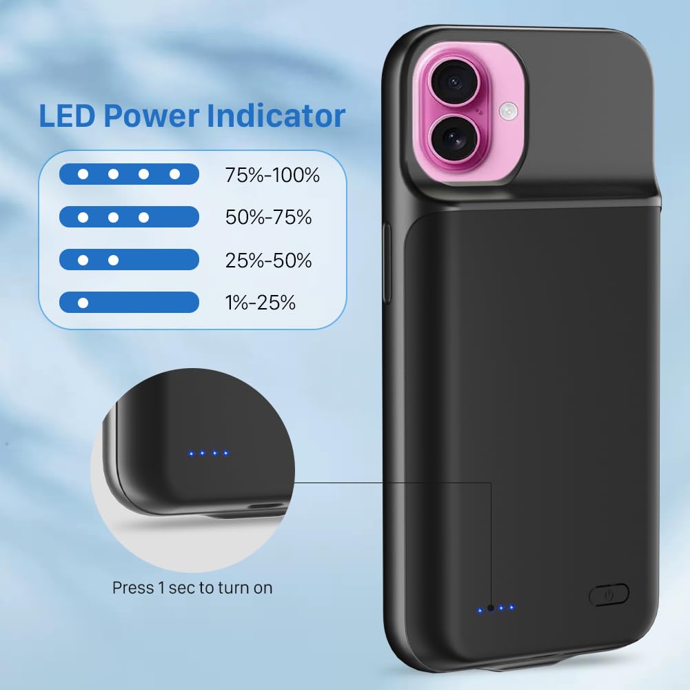 LCLEBM Custodia per iPhone 16 Plus, 7000 mAh, aggiornamento ad alta capacità, batteria ricaricabile estesa, cover protettiva portatile intelligente di backup per iPhone 16 Plus (1 confezione)